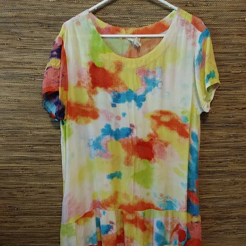 🌈 Sand Spirit Tie-Dye Beach Cover-Up | Boho Ruffle Rayon Dress | size XL